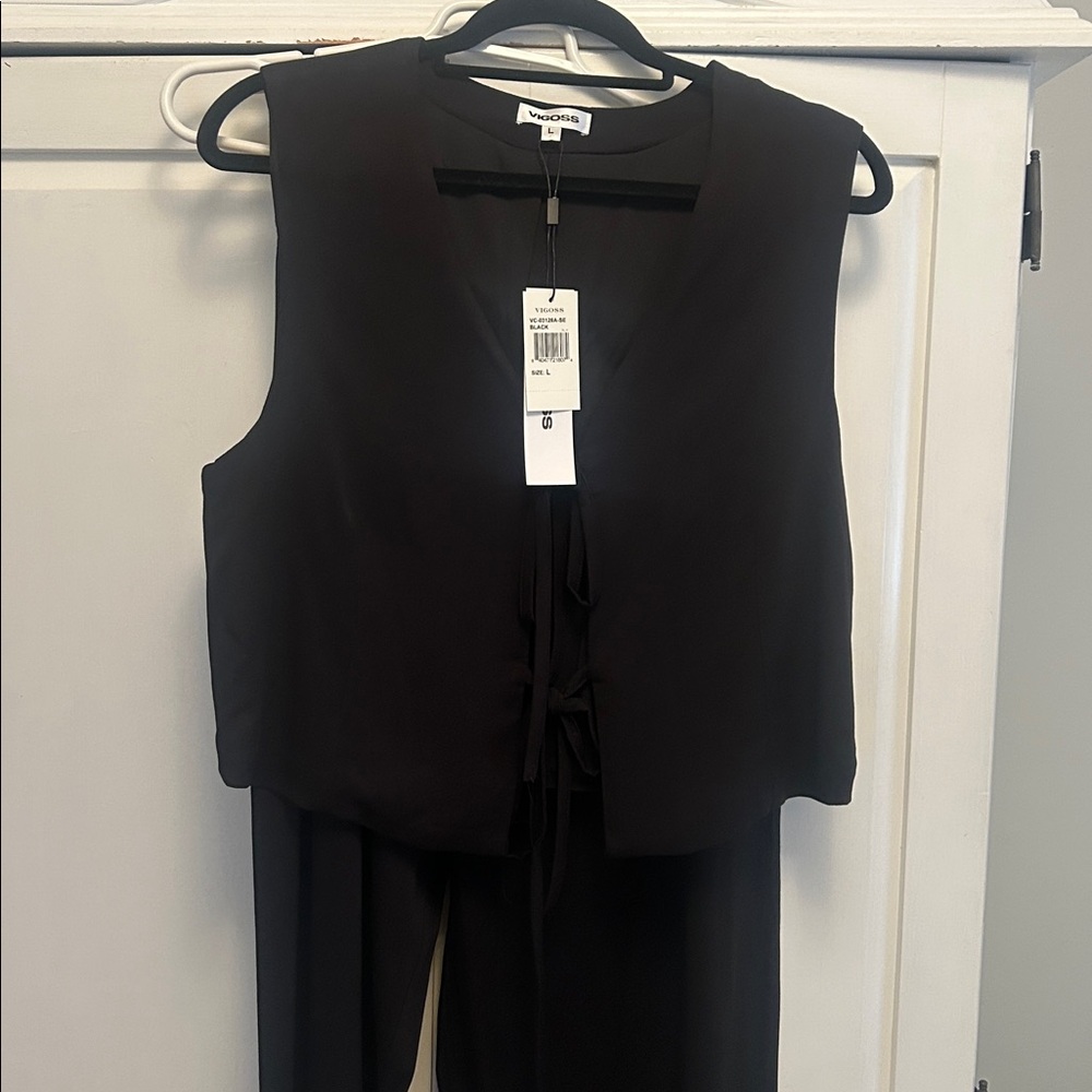 NWT Vigoss 2 PC Outfit Wide Bottom Pull-On Pants Tie Front Vest/Top LARGE